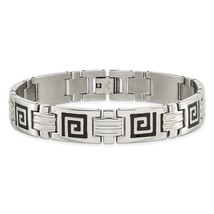 Men&#39;s Polished Stainless Steel Black Enamel Greek Key Bracelet - £70.60 GBP