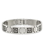 Men&#39;s Polished Stainless Steel Black Enamel Greek Key Bracelet - £71.93 GBP