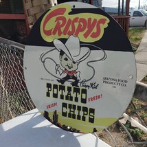 Vintage 1961 Crispys Fresh Potato Chips &#39;&#39;Crispy Kid&#39;&#39; Porcelain Gas &amp; Oil Sign - £98.29 GBP