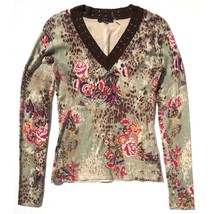 Cyrus V neck pullover sweater women Small S animal floral print grommets brown - £6.99 GBP
