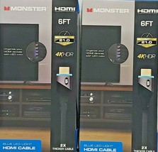 Monster HDMI Cable 4K HDR Premium Gold Plated High Speed 6 Ft Blue LED Lighted - £13.60 GBP