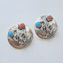RICHARD BEGAY NAWAJO 925 STERLING SILVER CORAL AND BLUE TURQUOISE STUD E... - $147.51
