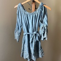 American Eagle Off-the-Shoulder Embroidered Romper Denim Chambray Long Sleeve XS - $29.69