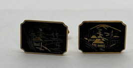 Vintage Amita Japan Mt. Fuji Carved Black &amp; Goldtone Cufflinks Damascene Asian - £21.07 GBP