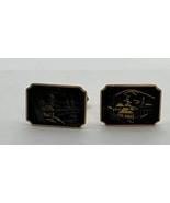 Vintage Amita Japan Mt. Fuji Carved Black &amp; Goldtone Cufflinks Damascene... - £21.10 GBP