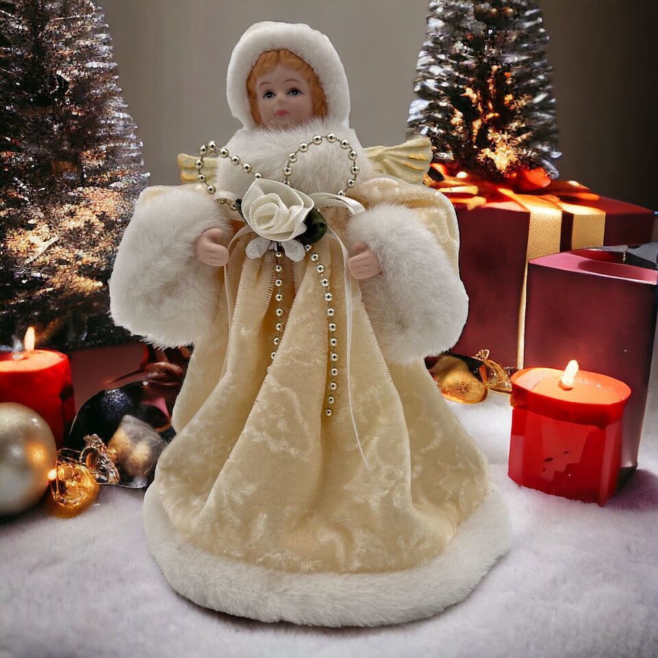 VTG Small Tree Topper Angel Fur Velvet Robe Hood Cream White Avon 6" - $20.00