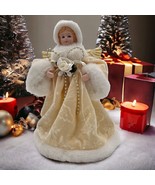 VTG Small Tree Topper Angel Fur Velvet Robe Hood Cream White Avon 6&quot; - £15.71 GBP