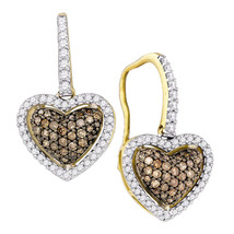 10k Yellow Gold Brown Diamond Heart Dangle Earrings 5/8 - £499.14 GBP