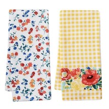 Pioneer Woman Delaney Gingham Floral Kitchen Towels Yellow Check 2-Piece NEW - £21.99 GBP