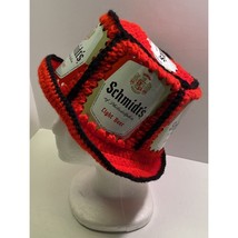 Vintage Schmidt&#39;s Light Beer Can Crocheted Hat Red Black Yarn Brimmed Handmade - £18.10 GBP