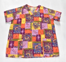 Nurses Scrub Shirt Medium colorful Boho Floral short sleeve pockets Made... - $16.82