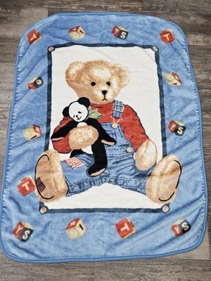 Vintage Springmaid Blue Jean Teddy Bear Plush Baby Blanket ABC Blocks- N... - $98.95