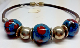 Vintage Choker Necklace Chunky Beads Bronze-tone Glass Art Jewelry 60s 70s - £14.87 GBP