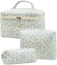 3 Pcs Cotton Quilted Makeup Bag Large Aesthetic Cosmetic Bag Set Cute Flower Tra - £31.13 GBP