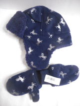 Boys Baby Gap Siver Unicorn Trapper Hat &amp; Mittens Navy Size 12/24 mos Fleece NWT - £11.79 GBP