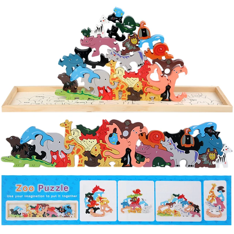 Big Wooden Animal Blocks Sensory Kids Montessori Toys Shape Matching Balance - £21.64 GBP