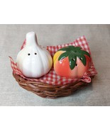 Vintage Ceramic Tomato &amp; Garlic Bulb Salt &amp; Pepper Shaker Set - $24.33