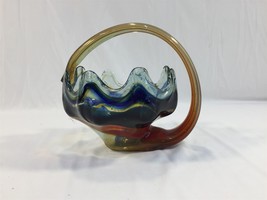 Vintage Art Glass Swan Style Bowl Dish Blue Yellow Brown Handle - $24.99