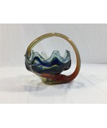 Vintage Art Glass Swan Style Bowl Dish Blue Yellow Brown Handle - £19.73 GBP