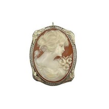 Antique 14K Solid White Gold Framed Portrait Shell Cameo Pin / Pendant - £312.08 GBP