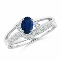 ANGARA Oval Blue Sapphire and Diamond Wedding Band Ring Set in 14K Solid... - £974.81 GBP