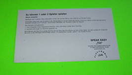 Speakeasy 1982 German Text Nos Orig. Pinball Machine Instruction Card - £9.53 GBP