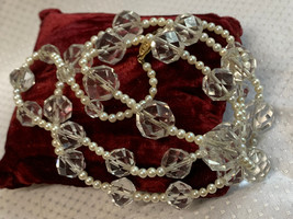 Vtg Custom Hand Made Pearl &amp; Crystal Necklace 14K Gold Clasp 28.5&quot; Fine ... - £94.10 GBP