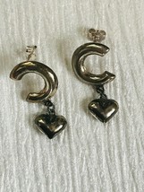 Estate 925 Marked Silver Backwards C with Puffy Heart Dangle Post Earrings for - £16.36 GBP