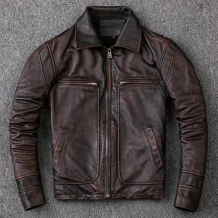  Vintage Motorcycle Jacket Stand Collar Cow Skin Made Jackets-25 - $369.28 CAD