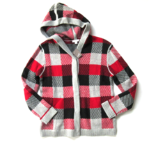 NWT J. Jill Buffalo Plaid Cardigan in Red Black Gray Wool Hooded Sweater XS - £25.52 GBP