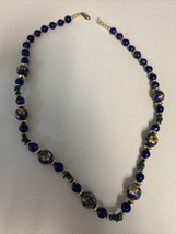 Blue Cloisonné Turquoise 21” Necklace Beaded Enamel Flowers &amp; Gold Fille... - £31.11 GBP