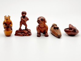Set of Five wood-carved netsukes animals.  Signed by the maker - £235.28 GBP