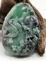 Icy Ice Black &amp; Green Burma Jadeite Jade Flower &amp; Bird Pendant # 373.75 carat # - £1,408.07 GBP