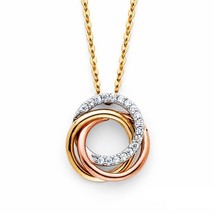 14K Tri Color Gold &amp; Cubic Zirconia 3-Rings Necklace - £184.69 GBP