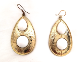 Bold Gold Tone Tear Drop Dangle Earrings with White Acrylic Cabochons 2.25&quot; long - £6.23 GBP
