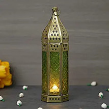 Tea Light Holder Metal Iron Lantern Big Size Moroccan Gold, Green Color 11 inch - £37.33 GBP
