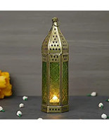 Tea Light Holder Metal Iron Lantern Big Size Moroccan Gold, Green Color 11 inch - $873.93 MXN