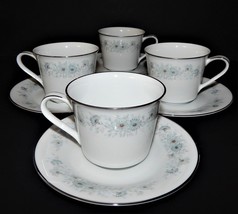 4 Noritake Inverness 6716 Cups and Saucers Silver Rim Blue Flower Japan ... - £29.10 GBP