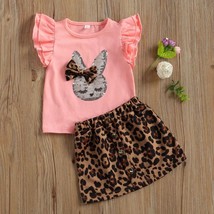 NEW Easter Sequin Bunny Rabbit Girls Leopard Skirt Outfit Set - £8.78 GBP