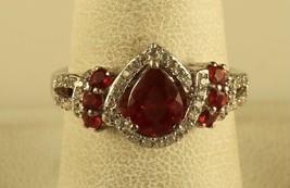 Vintage Signed 925 STS Pear Shape Garnet Stone Halo CZ Cocktail Ring size 8 1/4 - £33.23 GBP