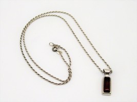 Sterling Silver Rectangle Pendant w/ Amber Stone on 19&quot; Rope Chain Vtg Necklace - £26.62 GBP