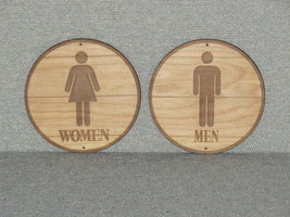 Women &amp; Men Set Wood 6 inch Restroom Door Sign Beer Barrel Top Style - £17.22 GBP