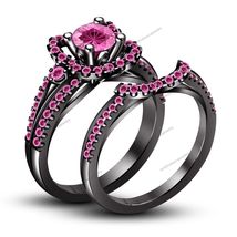 1.50Ct Pink Round Sapphire 14K Black Gold FN Ladies Wedding Band Bridal Ring Set - £72.24 GBP