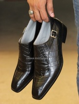 New Men&#39;s Handmade Black Crocodile Textured Leather Single Monk Style Dress  - £114.76 GBP