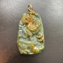 14K Solid Yellow Gold Carved Dragon Natural Jade Pendant Men Burma Grade A Large - £396.64 GBP
