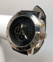 NEW Geneva Platinum 9701 Men&#39;s Faux Chrono Black Dial Black Leather Gold Watch - £24.74 GBP