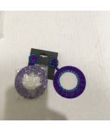 Purple with blue trim dangling large hoop post earrings - $19.75