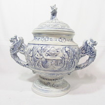 Grimm&#39;s Fairy Tale Gnome Blue German Majolica Stoneware Tureen with Lid - £79.92 GBP