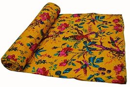 Traditional Jaipur Indian Kantha Quilt Yellow Bird Print Handmade Cotton Blanket - £43.94 GBP+