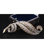 Vintage Signed Nina Ricci Crystal Leaf Brooch | Gold Tone Baguette &amp; Rou... - $87.00